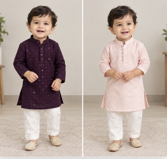 Picture of Chikenkari straight kurta set and peach chickenkari cotton kurta 1y