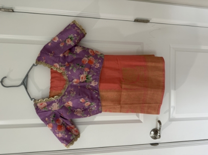 Picture of Brand new peach saree with contrast lilac floral blouse 